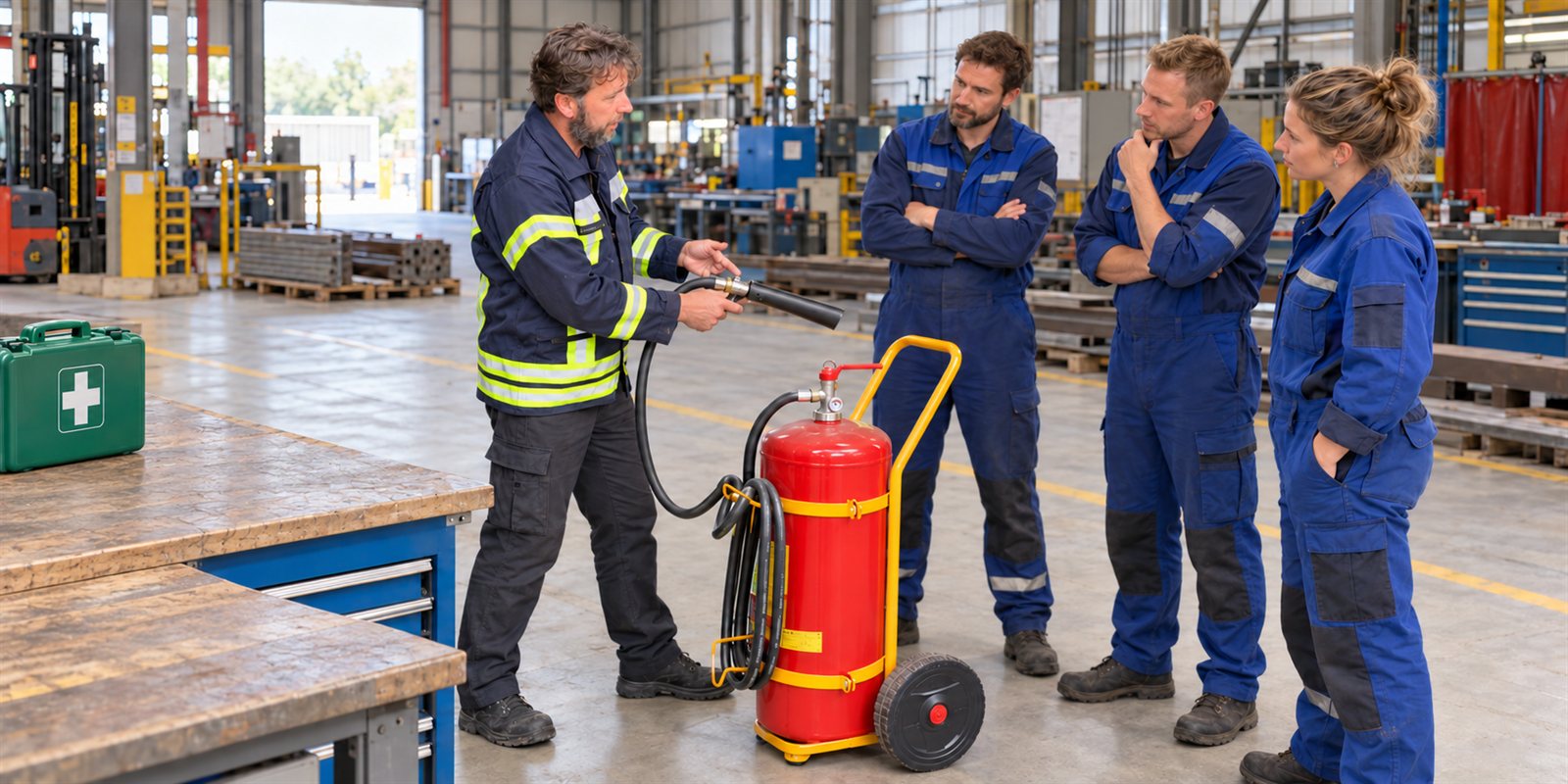 BHV-instructeur legt het gebruik van een brandblusser uit aan medewerkers in een bedrijfshal